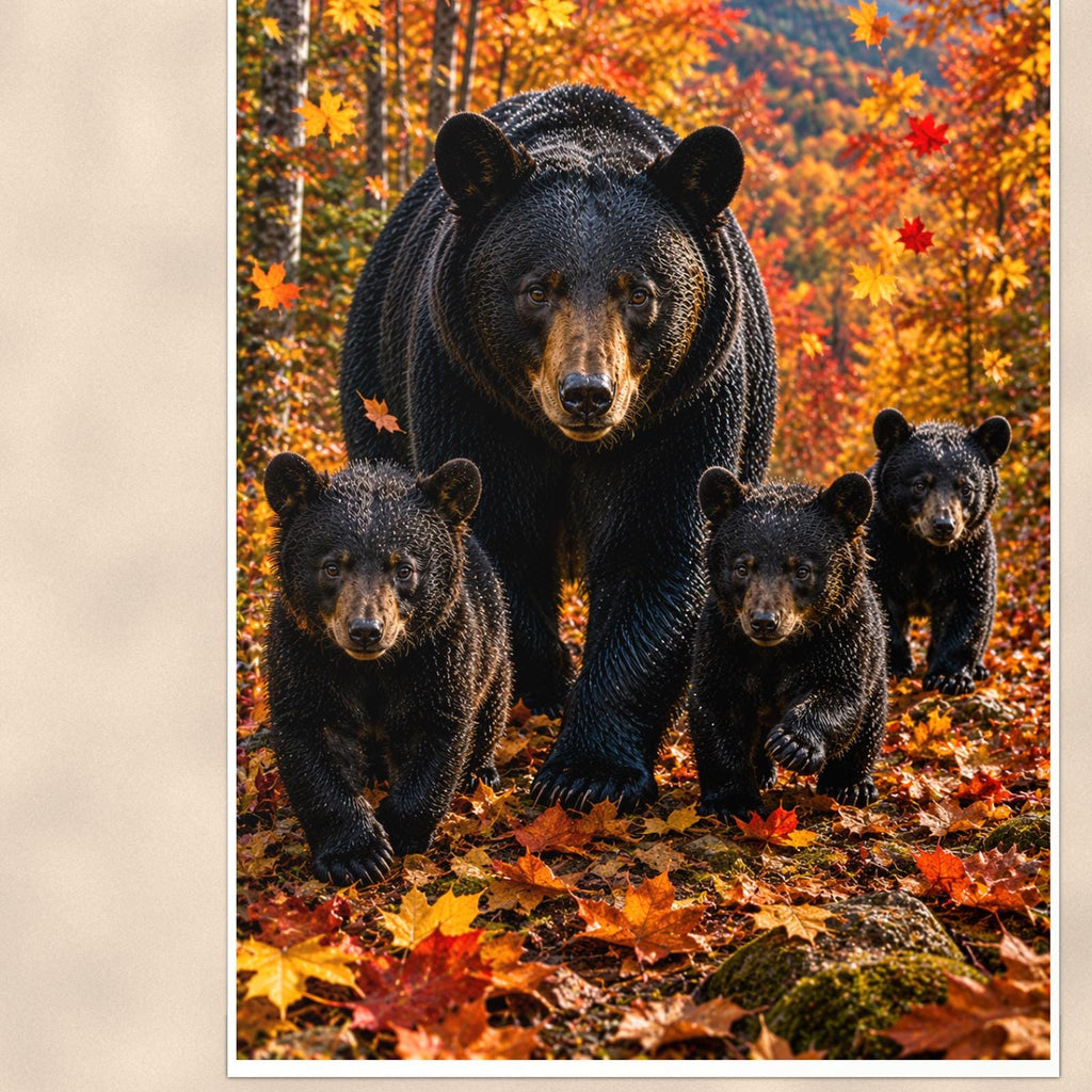 Autumn Family Bear — 24x36 in art print poster, premium luster paper with a white border; close-up framed on the main subject of the artwork, paper surface visible.