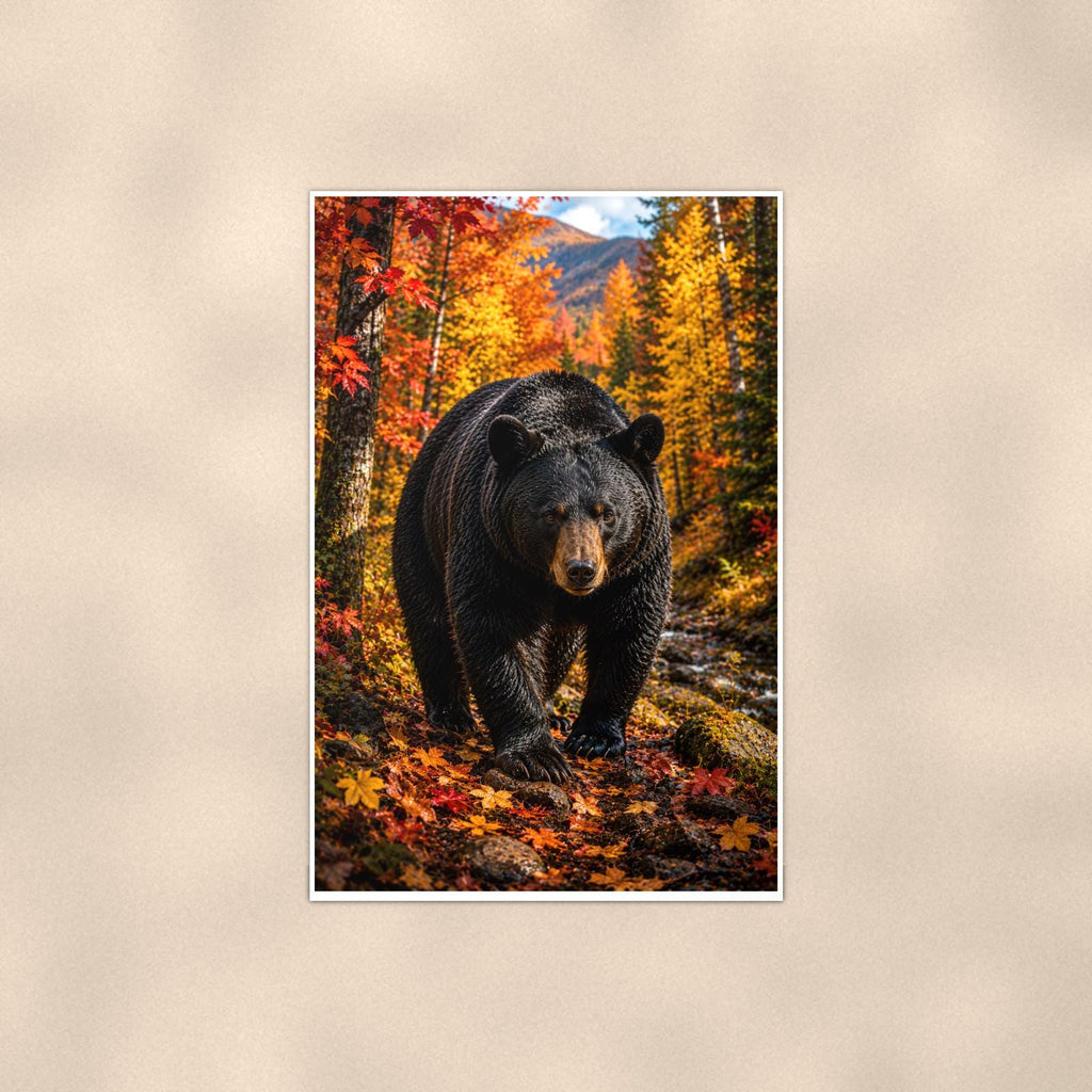 Autumn Forest Bear — 24x36 in art print poster, premium luster paper with a white border; poster shown straight on against a warm wall.