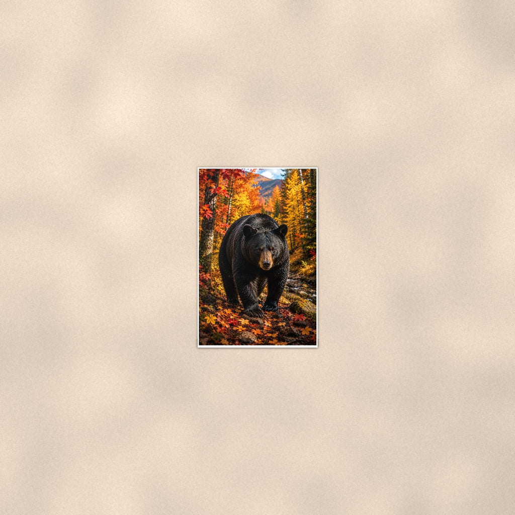 Autumn Forest Bear — 24x36 in art print poster, premium luster paper with a white border; poster seen from further back, at true 24x36 in scale on a warm wall.