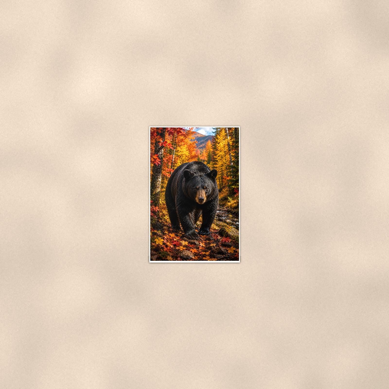 Autumn Forest Bear — 24x36 in art print poster, premium luster paper with a white border; poster seen from further back, at true 24x36 in scale on a warm wall.