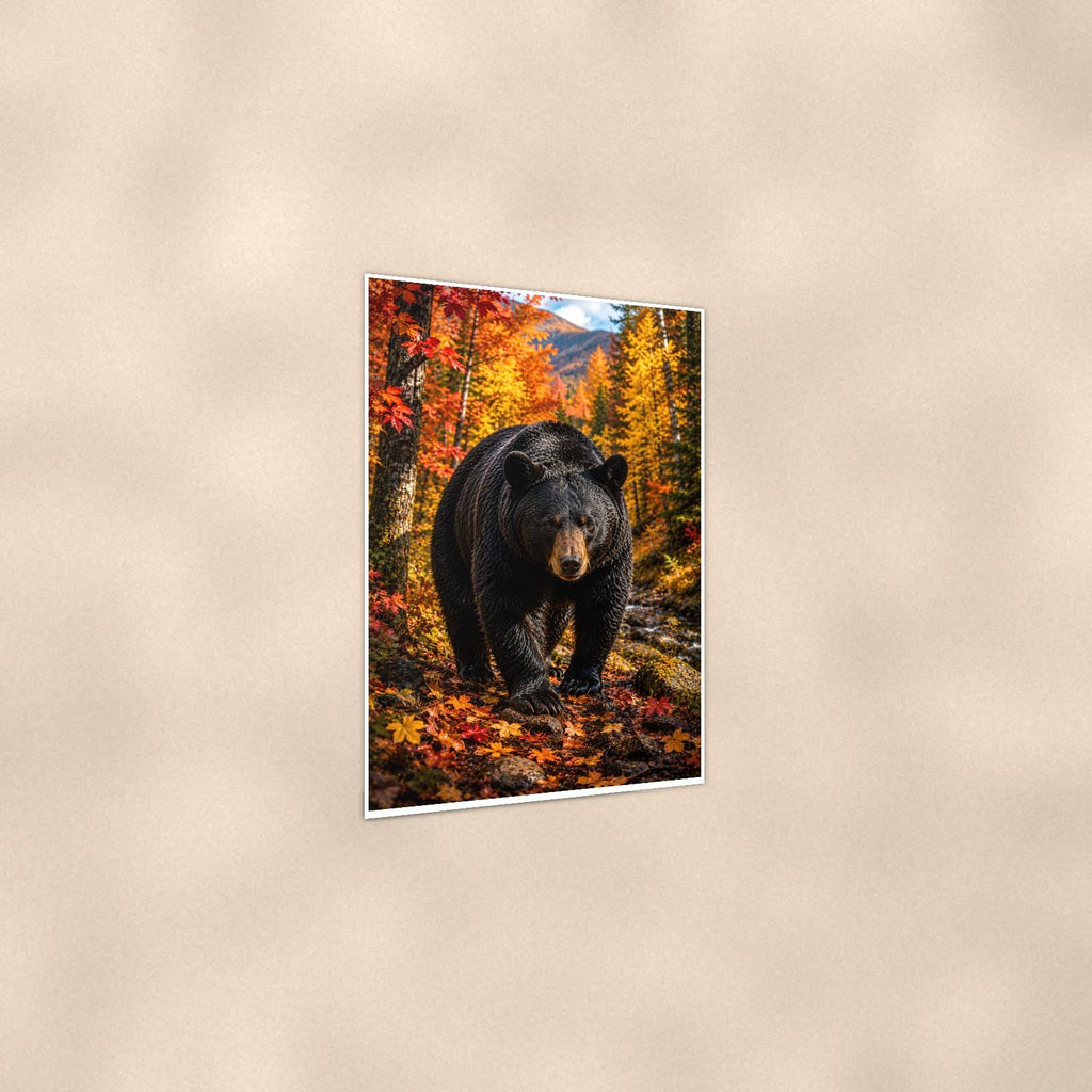 Autumn Forest Bear — 24x36 in art print poster, premium luster paper with a white border; gentle three-quarter angle on a warm wall, showing the flat paper edge.