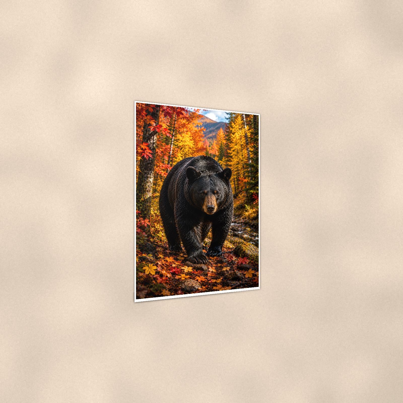 Autumn Forest Bear — 24x36 in art print poster, premium luster paper with a white border; gentle three-quarter angle on a warm wall, showing the flat paper edge.