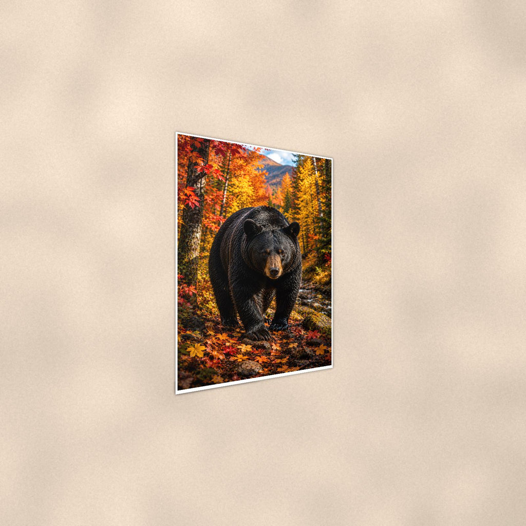 Autumn Forest Bear — 24x36 in art print poster, premium luster paper with a white border; steeper three-quarter angle on a warm wall, catching the luster sheen.
