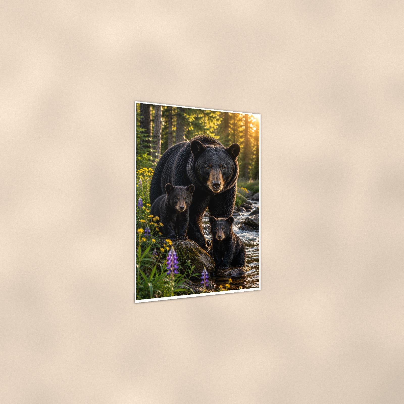 Cub by the Stream Bear — 24x36 in art print poster, premium luster paper with a white border; gentle three-quarter angle on a warm wall, showing the flat paper edge.