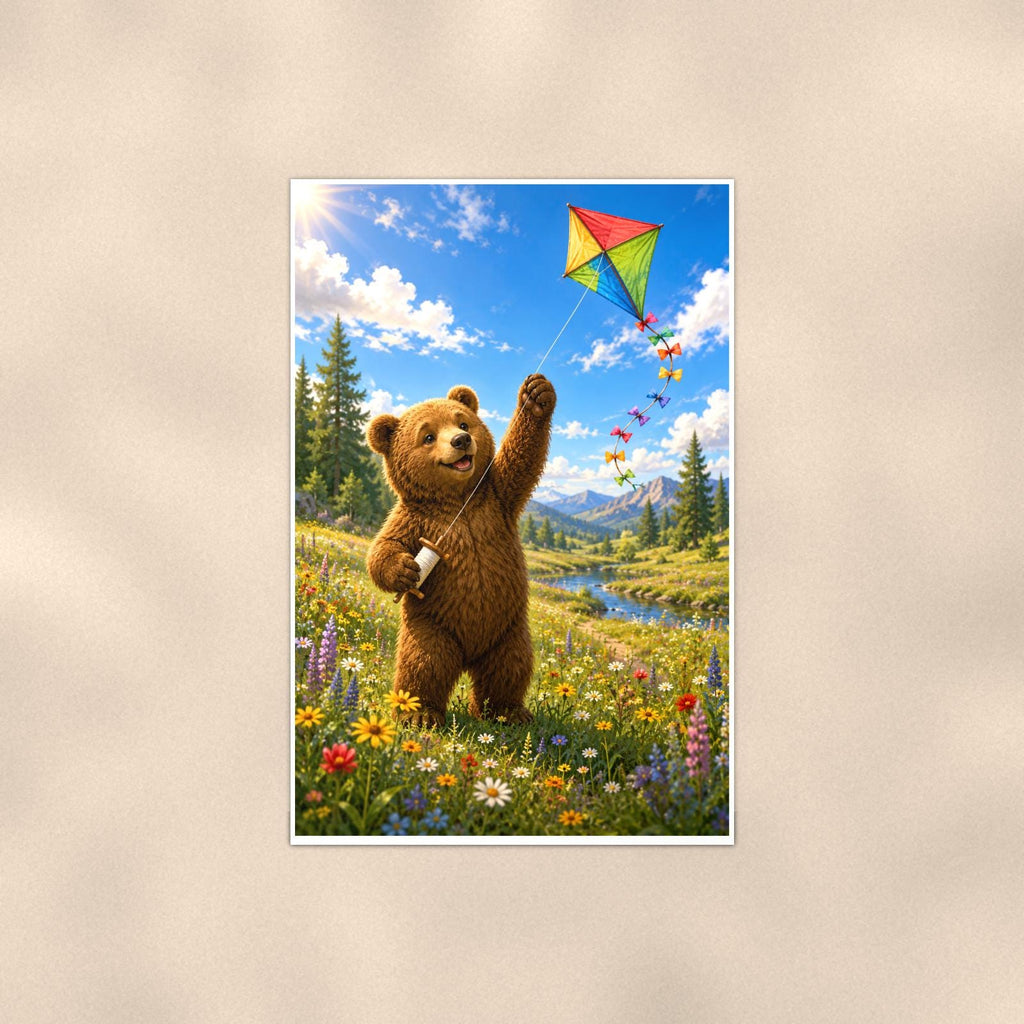 Kite Day Bear — 24x36 in art print poster, premium luster paper with a white border; poster shown straight on against a warm wall.