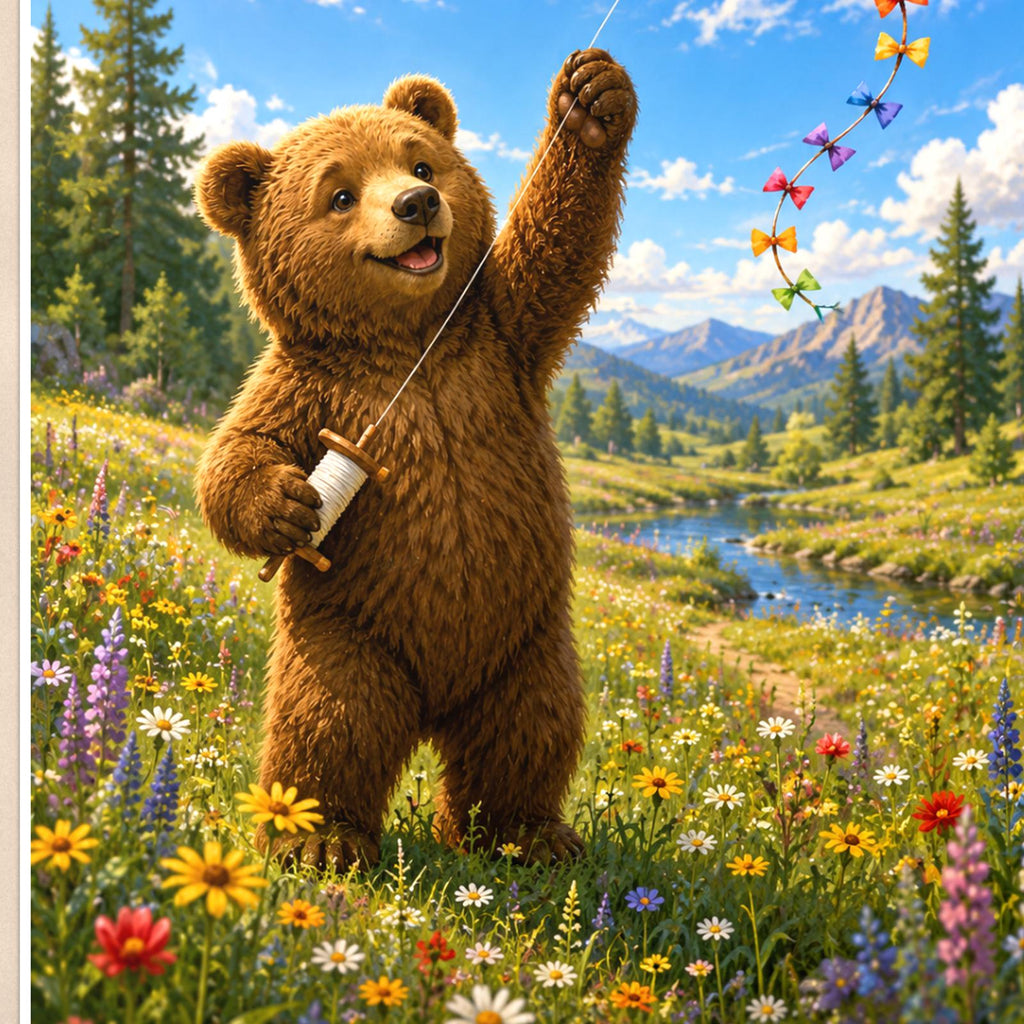 Kite Day Bear — 24x36 in art print poster, premium luster paper with a white border; close-up framed on the main subject of the artwork, paper surface visible.