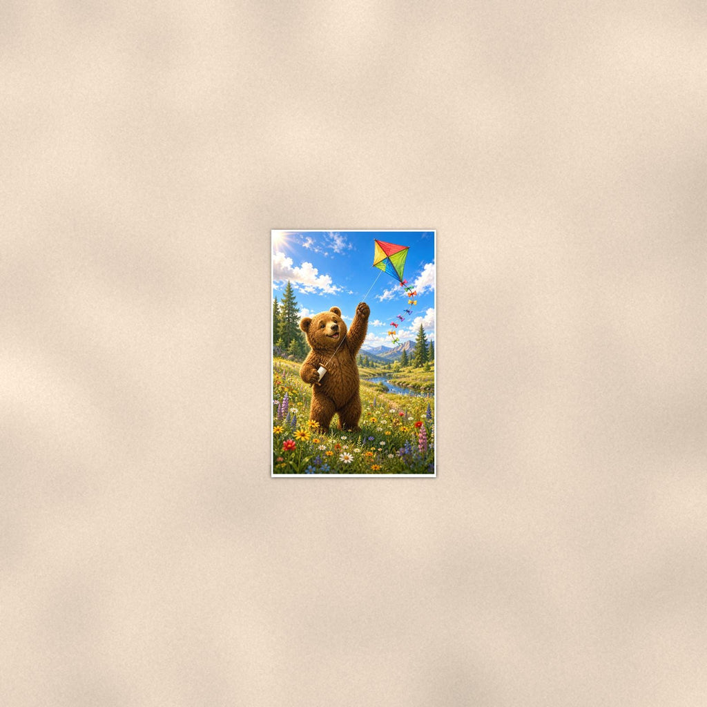 Kite Day Bear — 24x36 in art print poster, premium luster paper with a white border; poster seen from further back, at true 24x36 in scale on a warm wall.