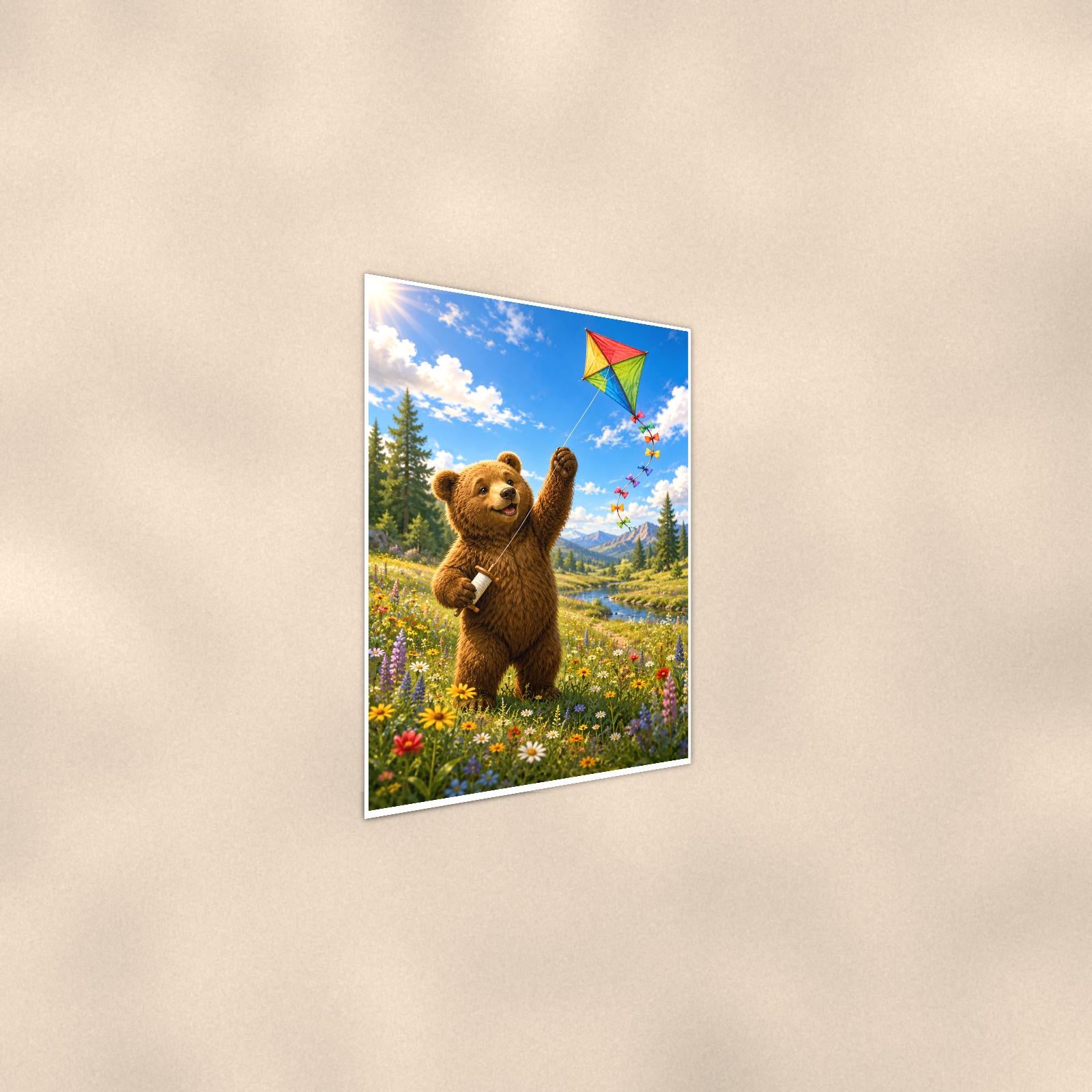 Kite Day Bear — 24x36 in art print poster, premium luster paper with a white border; steeper three-quarter angle on a warm wall, catching the luster sheen.
