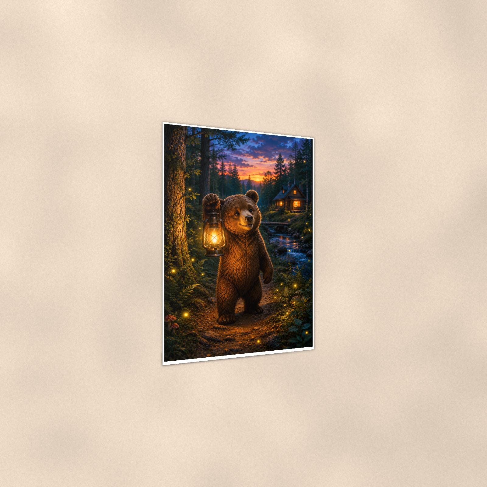Lantern Twilight Bear — 24x36 in art print poster, premium luster paper with a white border; gentle three-quarter angle on a warm wall, showing the flat paper edge.