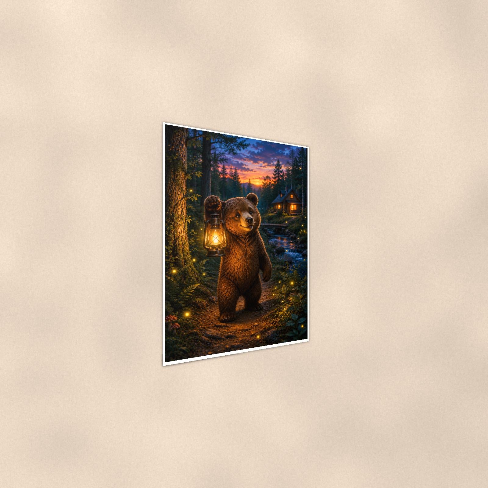 Lantern Twilight Bear — 24x36 in art print poster, premium luster paper with a white border; steeper three-quarter angle on a warm wall, catching the luster sheen.