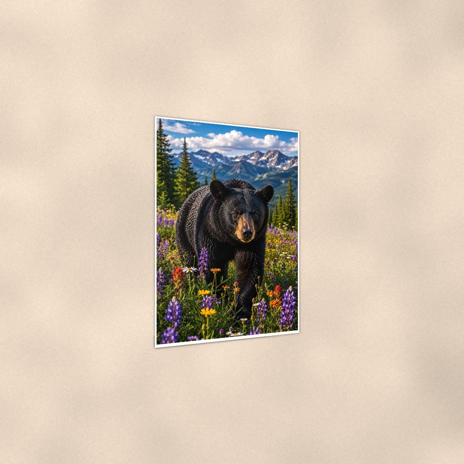 Meadow Wander Bear — 24x36 in art print poster, premium luster paper with a white border; gentle three-quarter angle on a warm wall, showing the flat paper edge.