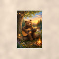 Campfire Guitar Bear — 24x36 in art print poster, premium luster paper with a white border; poster shown straight on against a warm wall.