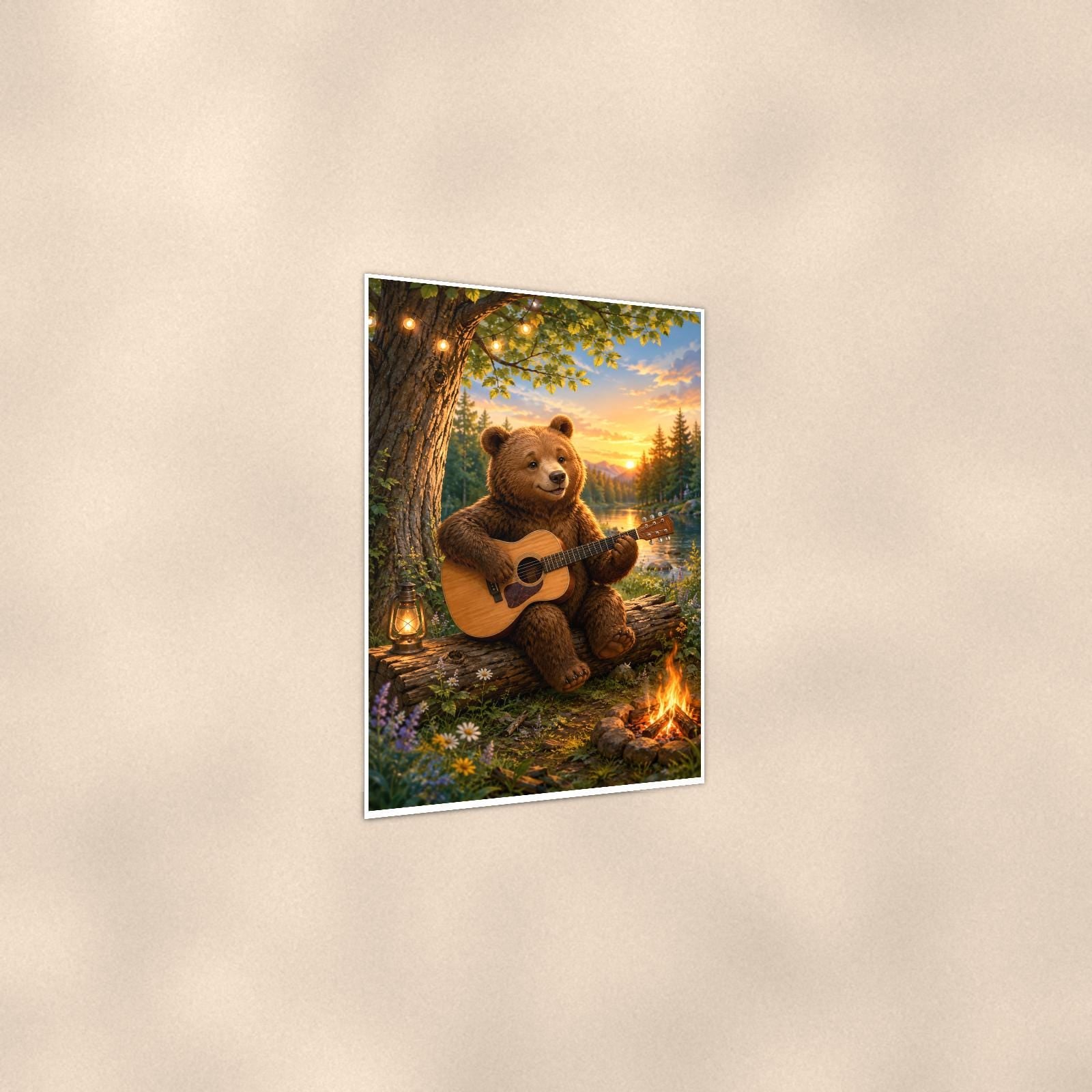 Campfire Guitar Bear — 24x36 in art print poster, premium luster paper with a white border; gentle three-quarter angle on a warm wall, showing the flat paper edge.