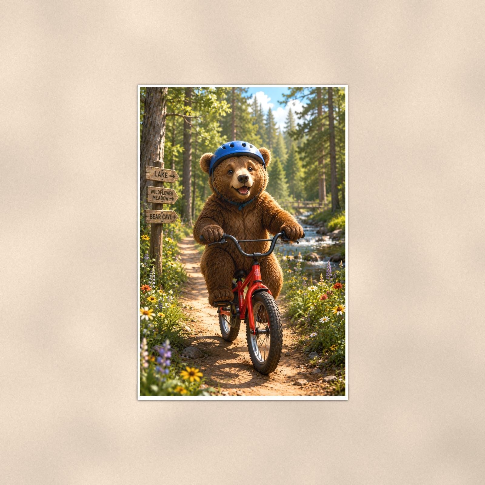 Bicycle Ride Bear — 24x36 in art print poster, premium luster paper with a white border; poster shown straight on against a warm wall.