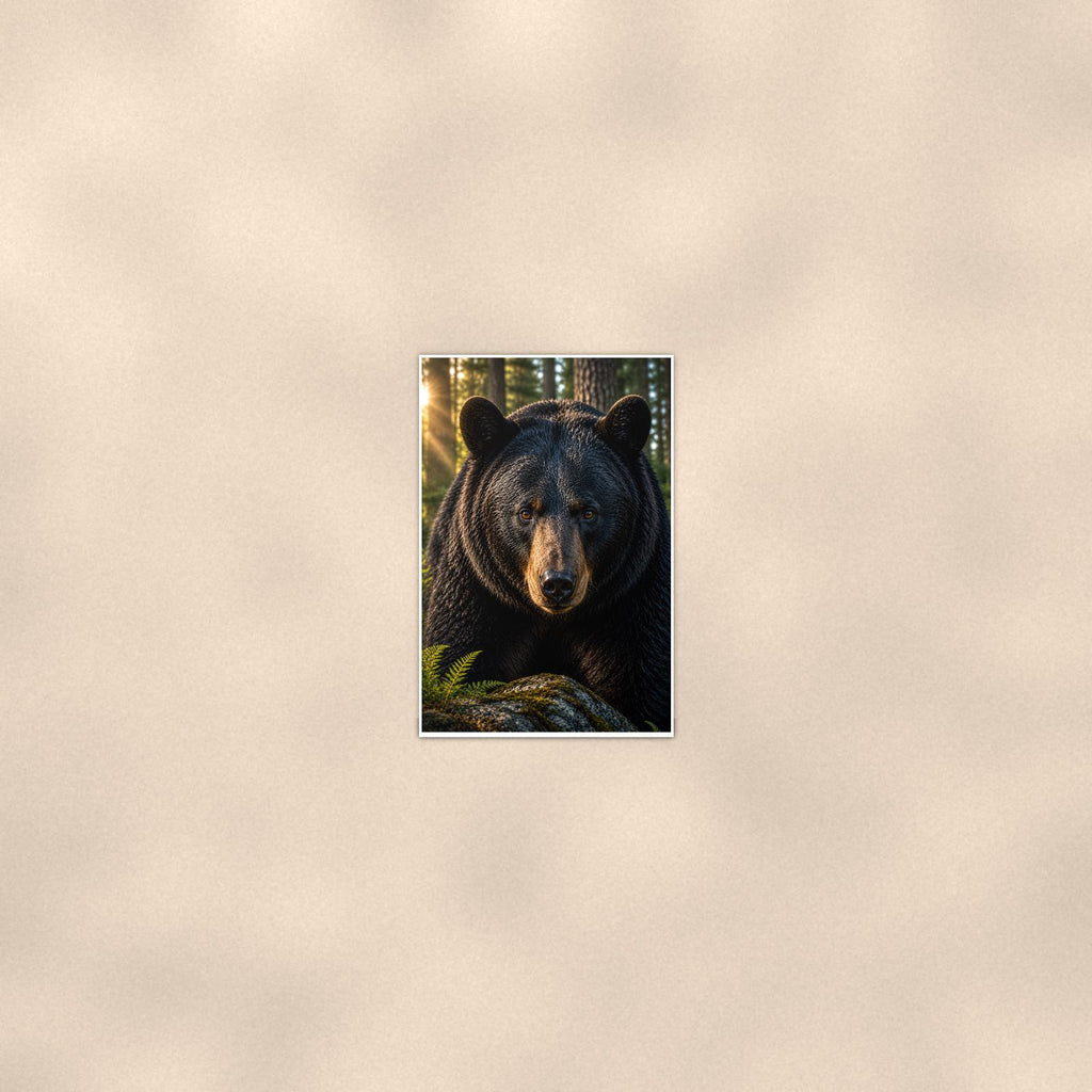 Bear Portrait Bear — 24x36 in art print poster, premium luster paper with a white border; poster seen from further back, at true 24x36 in scale on a warm wall.