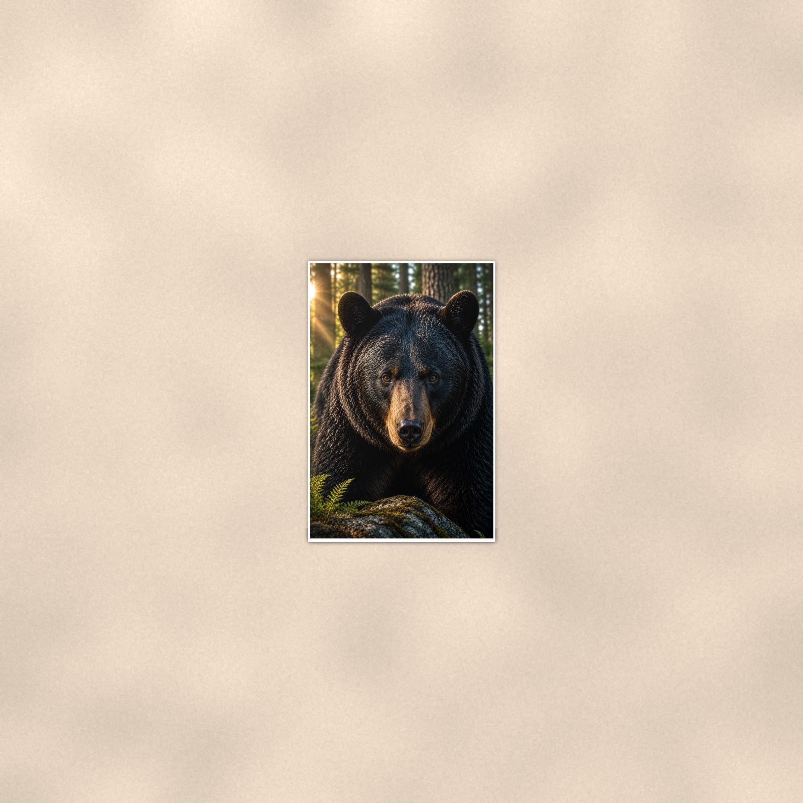Bear Portrait Bear — 24x36 in art print poster, premium luster paper with a white border; poster seen from further back, at true 24x36 in scale on a warm wall.