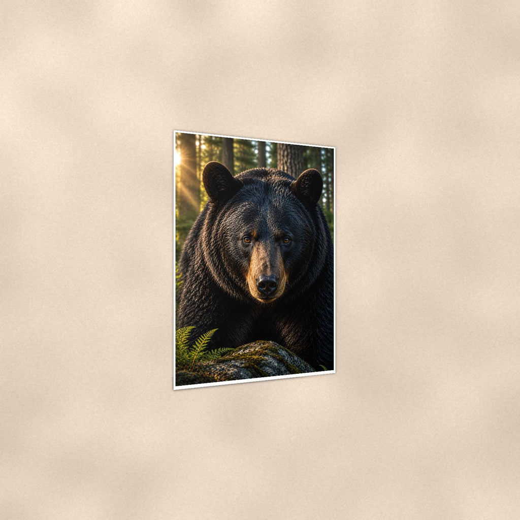 Bear Portrait Bear — 24x36 in art print poster, premium luster paper with a white border; gentle three-quarter angle on a warm wall, showing the flat paper edge.