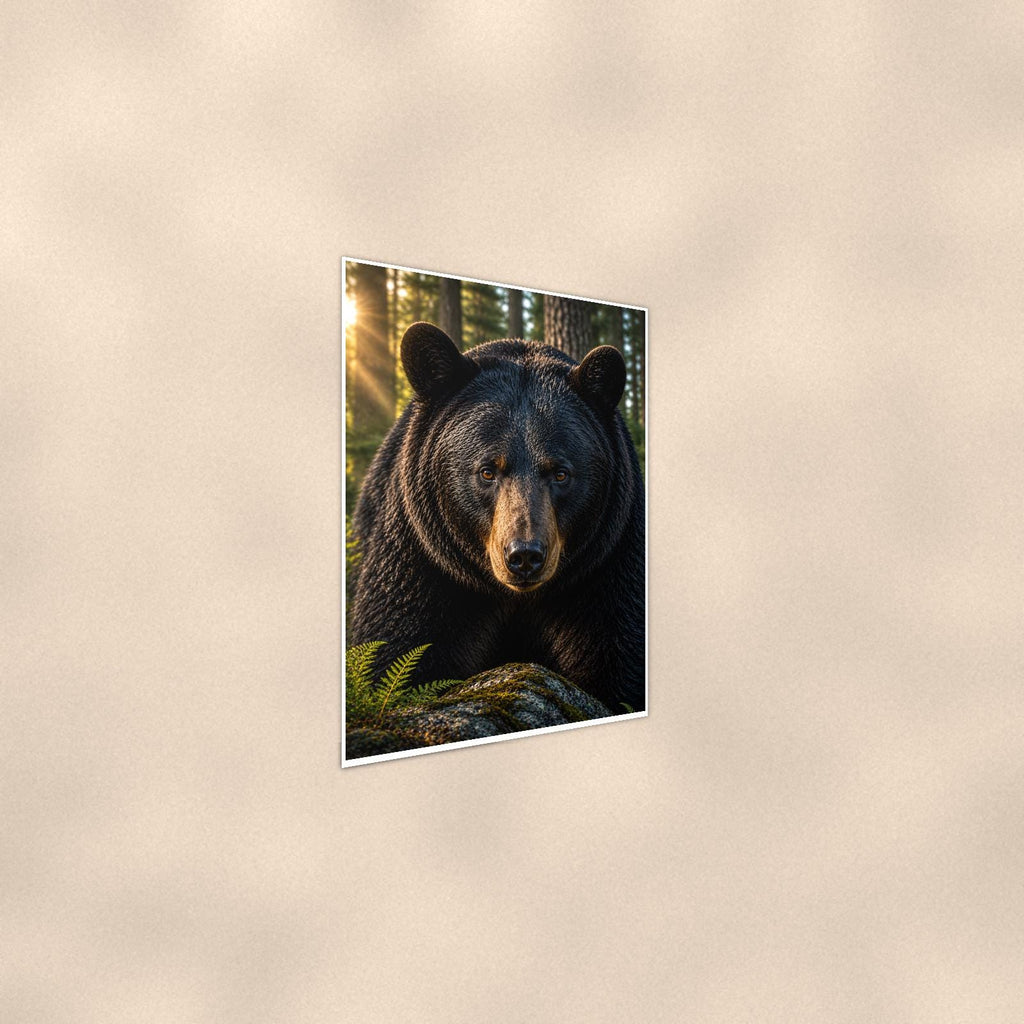 Bear Portrait Bear — 24x36 in art print poster, premium luster paper with a white border; steeper three-quarter angle on a warm wall, catching the luster sheen.