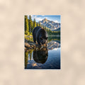 Lake Reflection Bear — 24x36 in art print poster, premium luster paper with a white border; poster shown straight on against a warm wall.