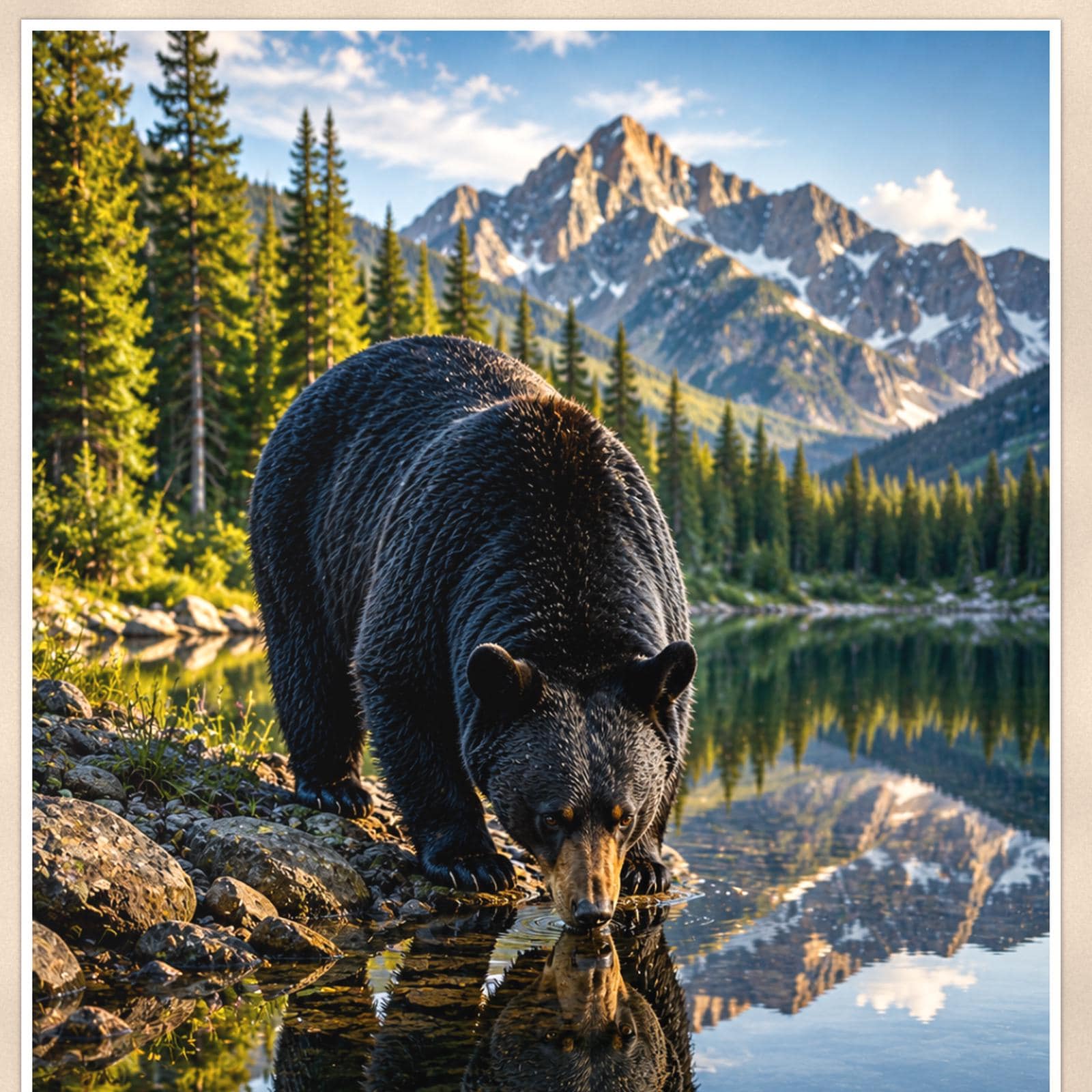 Lake Reflection Bear — 24x36 in art print poster, premium luster paper with a white border; close-up framed on the main subject of the artwork, paper surface visible.