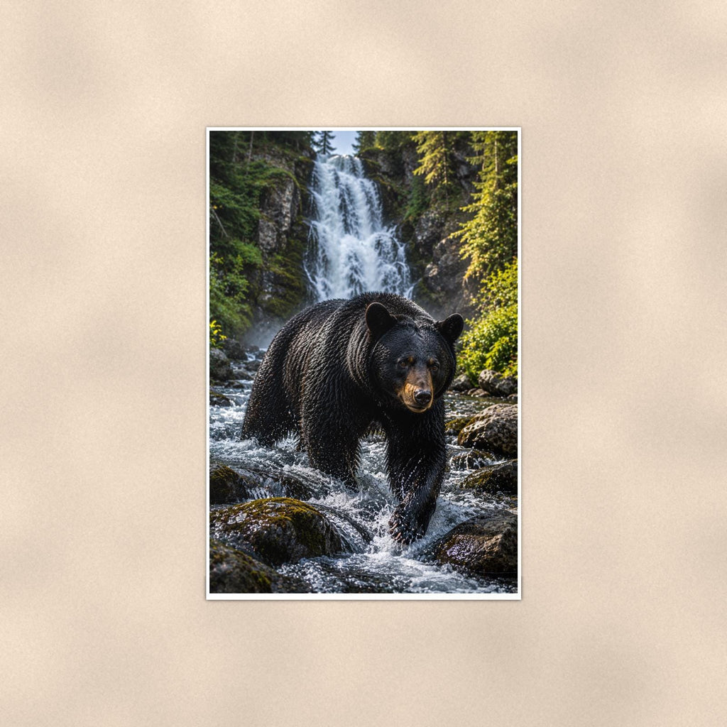Waterfall Bear — 24x36 in art print poster, premium luster paper with a white border; poster shown straight on against a warm wall.