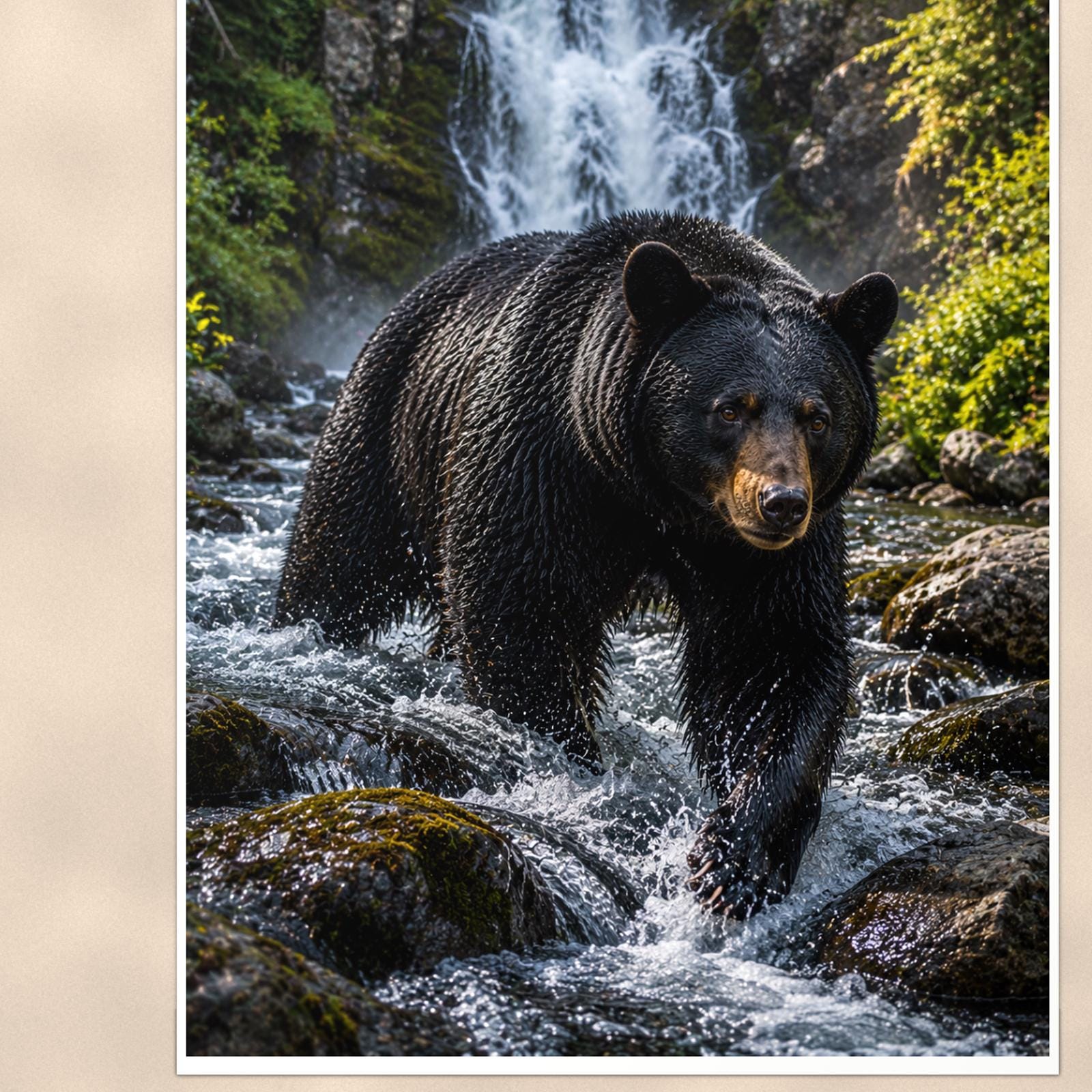 Waterfall Bear — 24x36 in art print poster, premium luster paper with a white border; close-up framed on the main subject of the artwork, paper surface visible.
