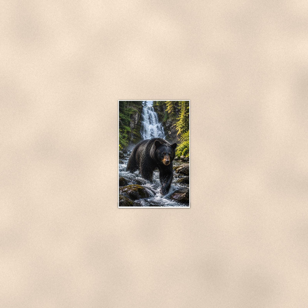Waterfall Bear — 24x36 in art print poster, premium luster paper with a white border; poster seen from further back, at true 24x36 in scale on a warm wall.