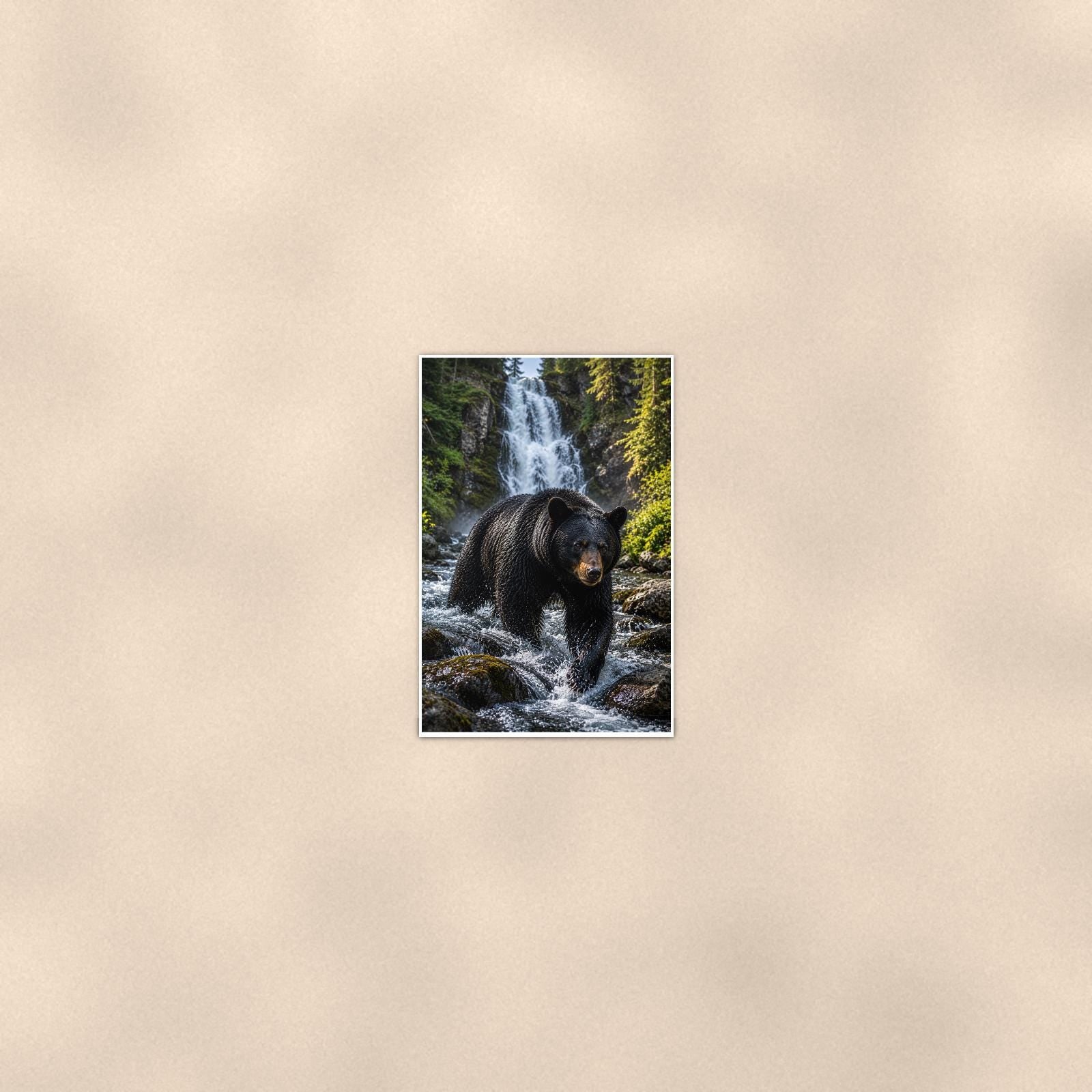 Waterfall Bear — 24x36 in art print poster, premium luster paper with a white border; poster seen from further back, at true 24x36 in scale on a warm wall.