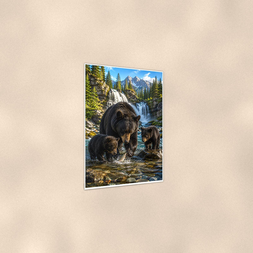 Waterfall Family Bear — 24x36 in art print poster, premium luster paper with a white border; gentle three-quarter angle on a warm wall, showing the flat paper edge.