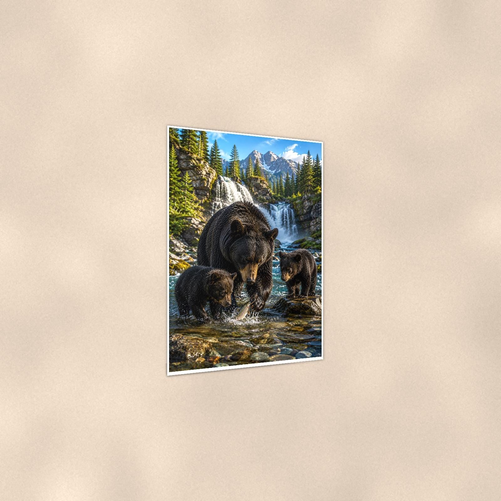 Waterfall Family Bear — 24x36 in art print poster, premium luster paper with a white border; gentle three-quarter angle on a warm wall, showing the flat paper edge.