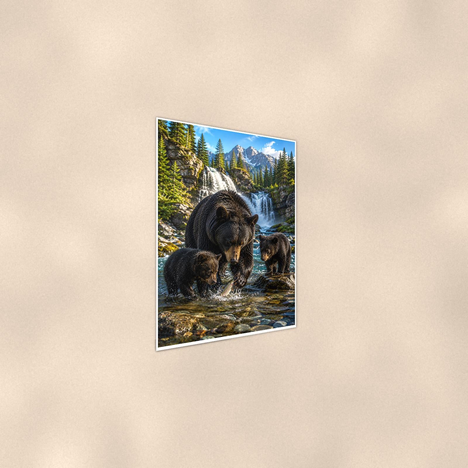 Waterfall Family Bear — 24x36 in art print poster, premium luster paper with a white border; steeper three-quarter angle on a warm wall, catching the luster sheen.