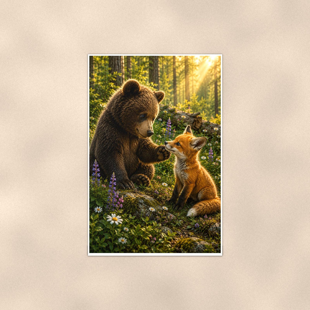 Bear and Fox Bear — 24x36 in art print poster, premium luster paper with a white border; poster shown straight on against a warm wall.