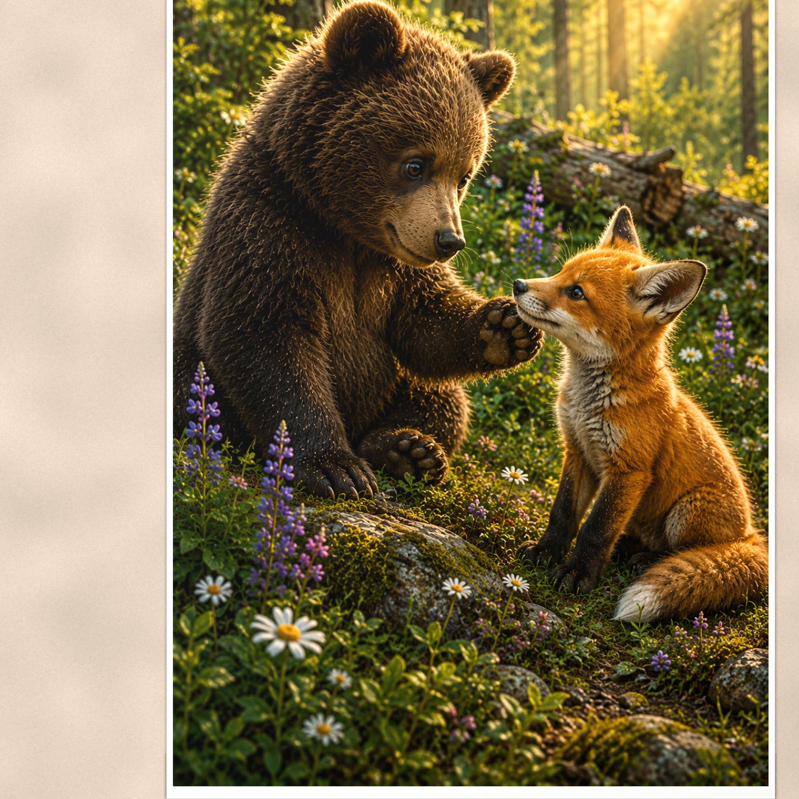 Bear and Fox Bear — 24x36 in art print poster, premium luster paper with a white border; close-up framed on the main subject of the artwork, paper surface visible.
