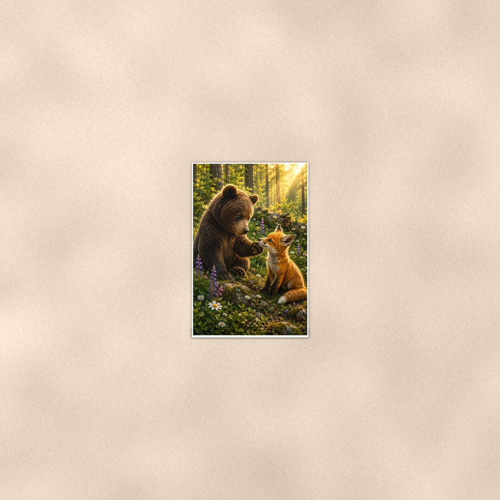 Bear and Fox Bear — 24x36 in art print poster, premium luster paper with a white border; poster seen from further back, at true 24x36 in scale on a warm wall.
