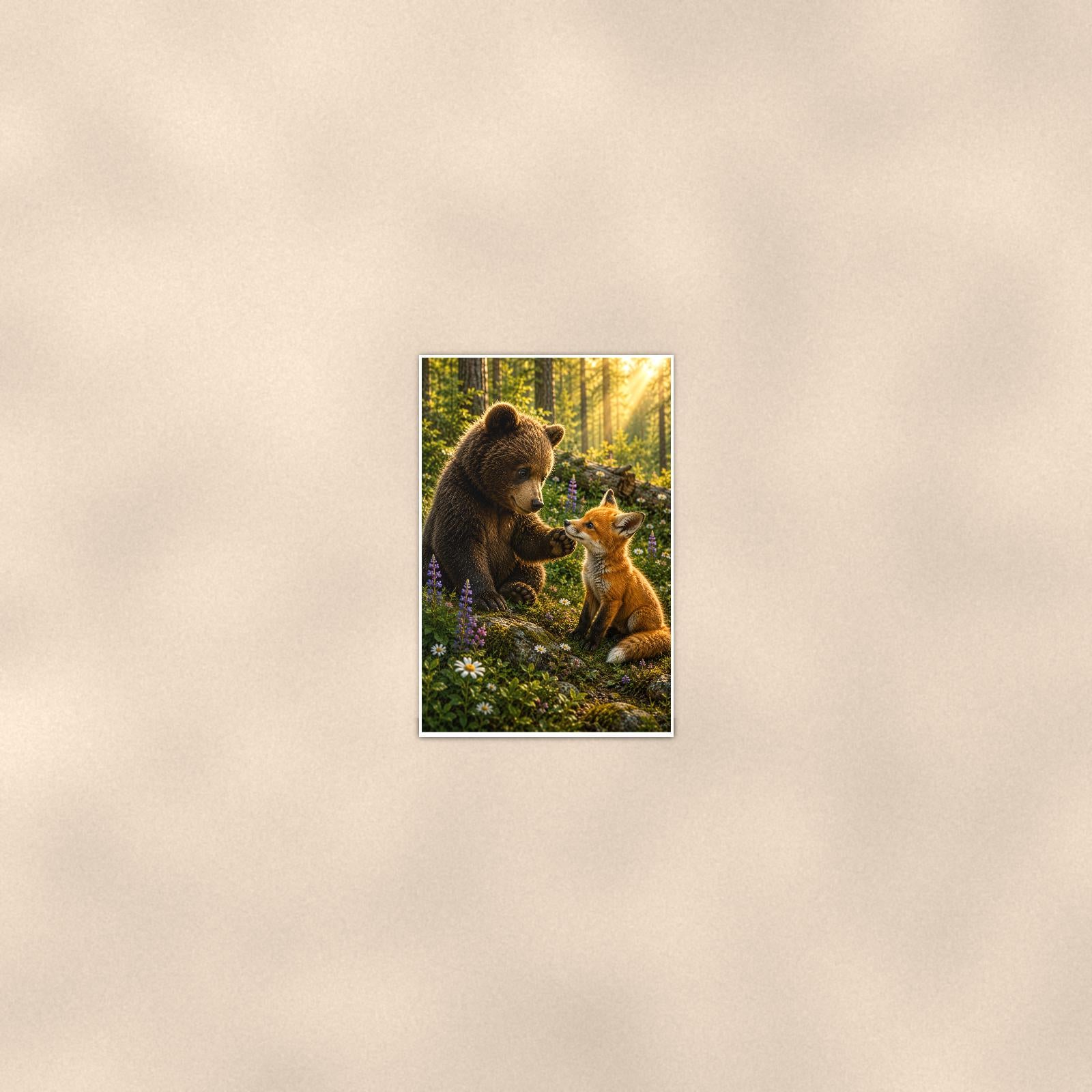 Bear and Fox Bear — 24x36 in art print poster, premium luster paper with a white border; poster seen from further back, at true 24x36 in scale on a warm wall.