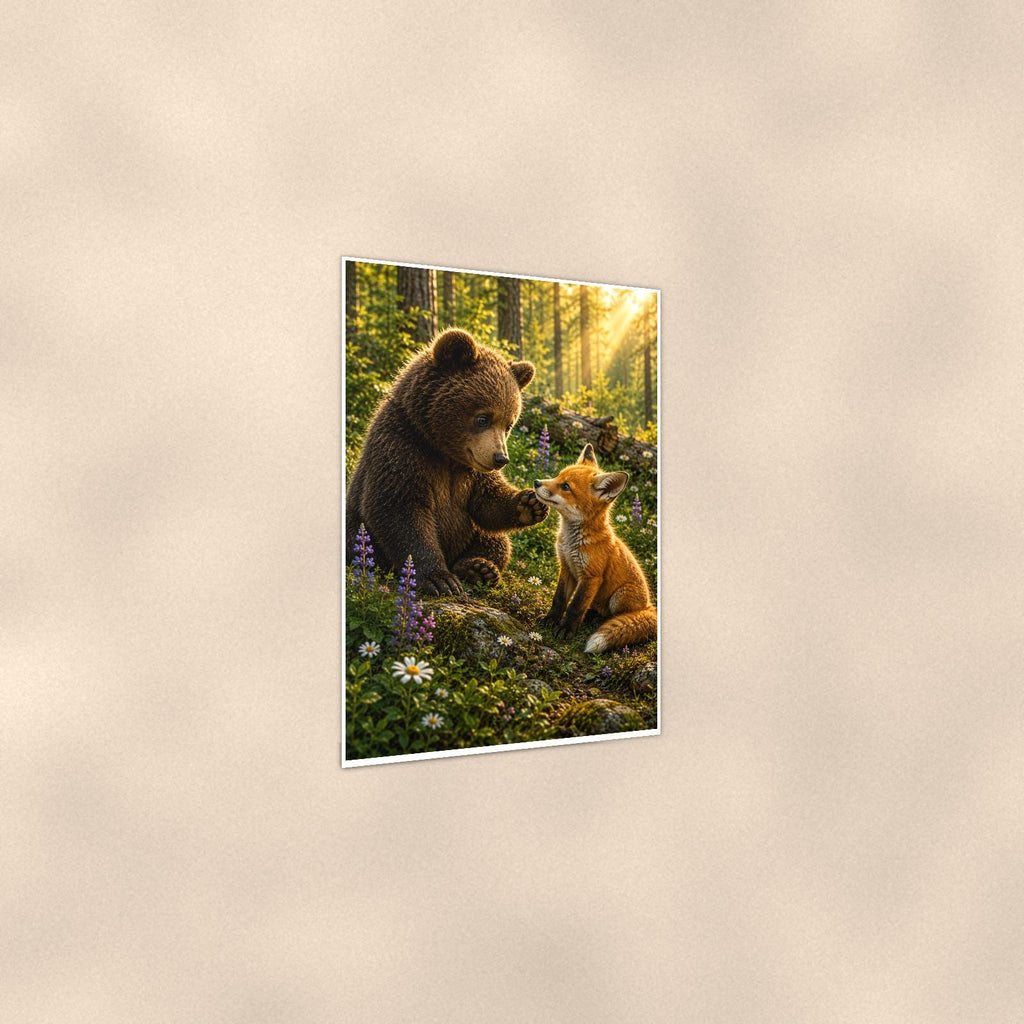 Bear and Fox Bear — 24x36 in art print poster, premium luster paper with a white border; gentle three-quarter angle on a warm wall, showing the flat paper edge.