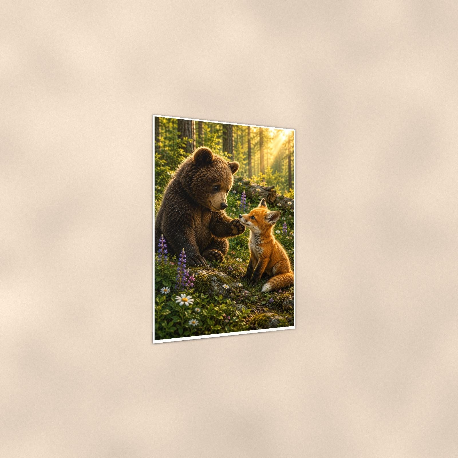 Bear and Fox Bear — 24x36 in art print poster, premium luster paper with a white border; gentle three-quarter angle on a warm wall, showing the flat paper edge.