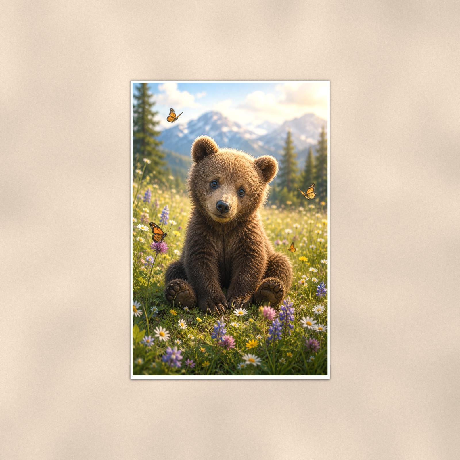 Cub and Butterflies Bear — 24x36 in art print poster, premium luster paper with a white border; poster shown straight on against a warm wall.