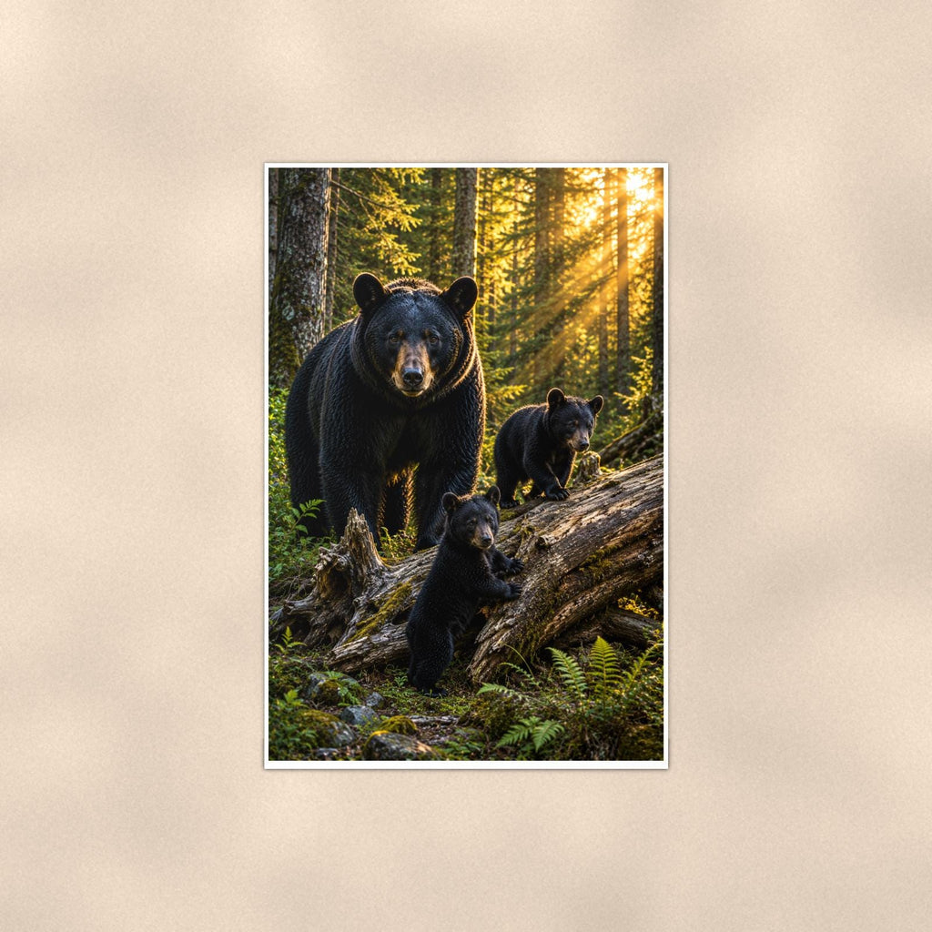 Forest Sunbeams Bear — 24x36 in art print poster, premium luster paper with a white border; poster shown straight on against a warm wall.
