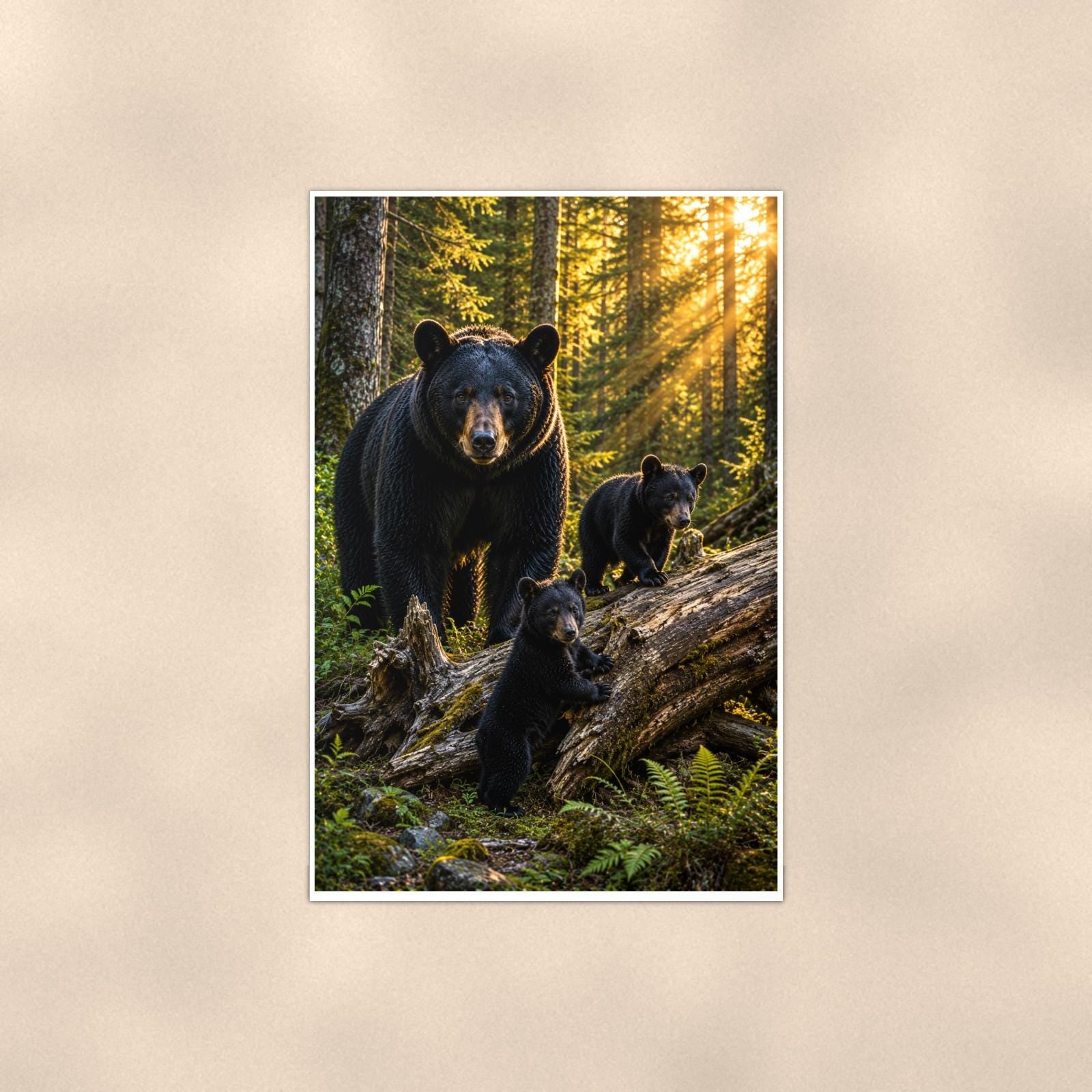 Forest Sunbeams Bear — 24x36 in art print poster, premium luster paper with a white border; poster shown straight on against a warm wall.