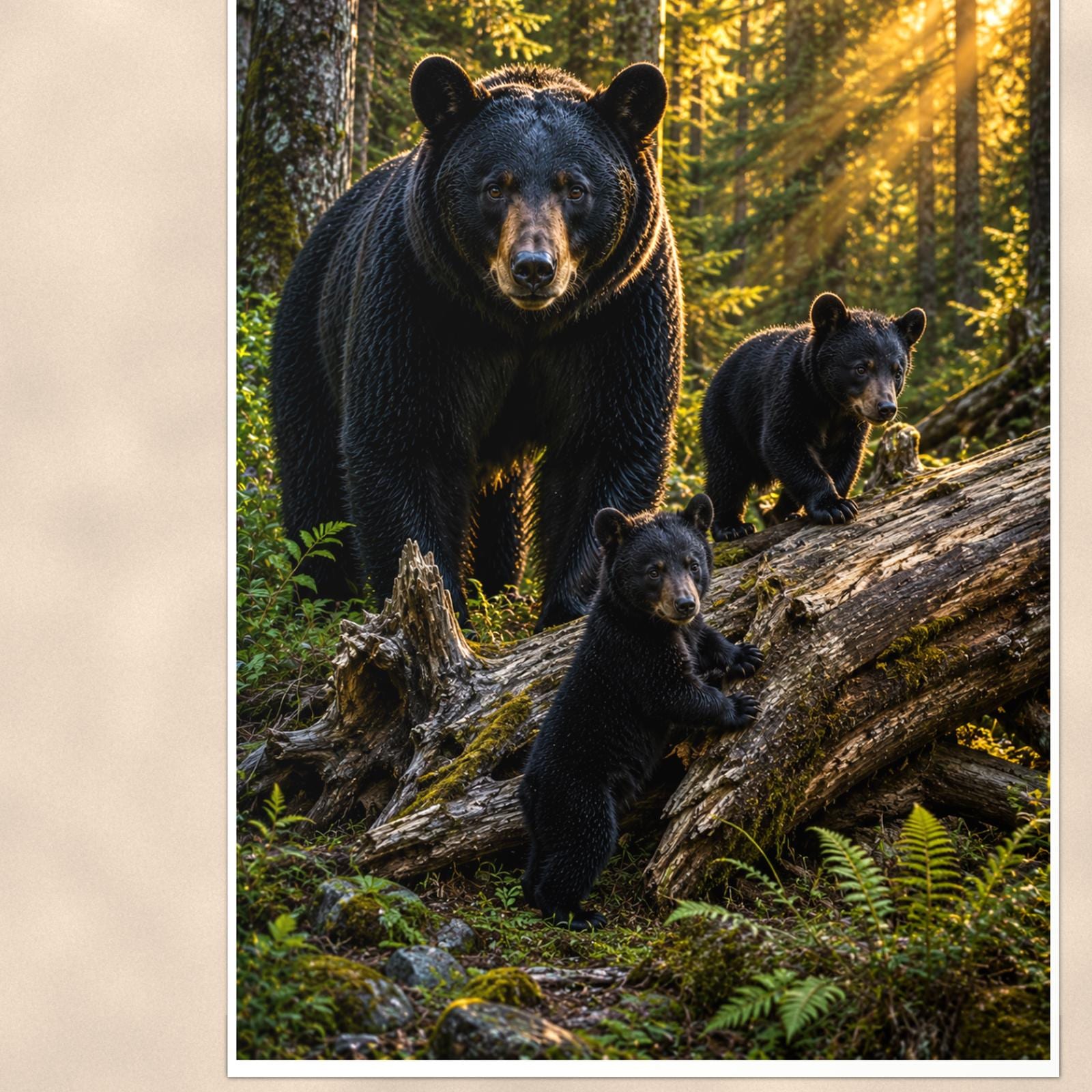 Forest Sunbeams Bear — 24x36 in art print poster, premium luster paper with a white border; close-up framed on the main subject of the artwork, paper surface visible.