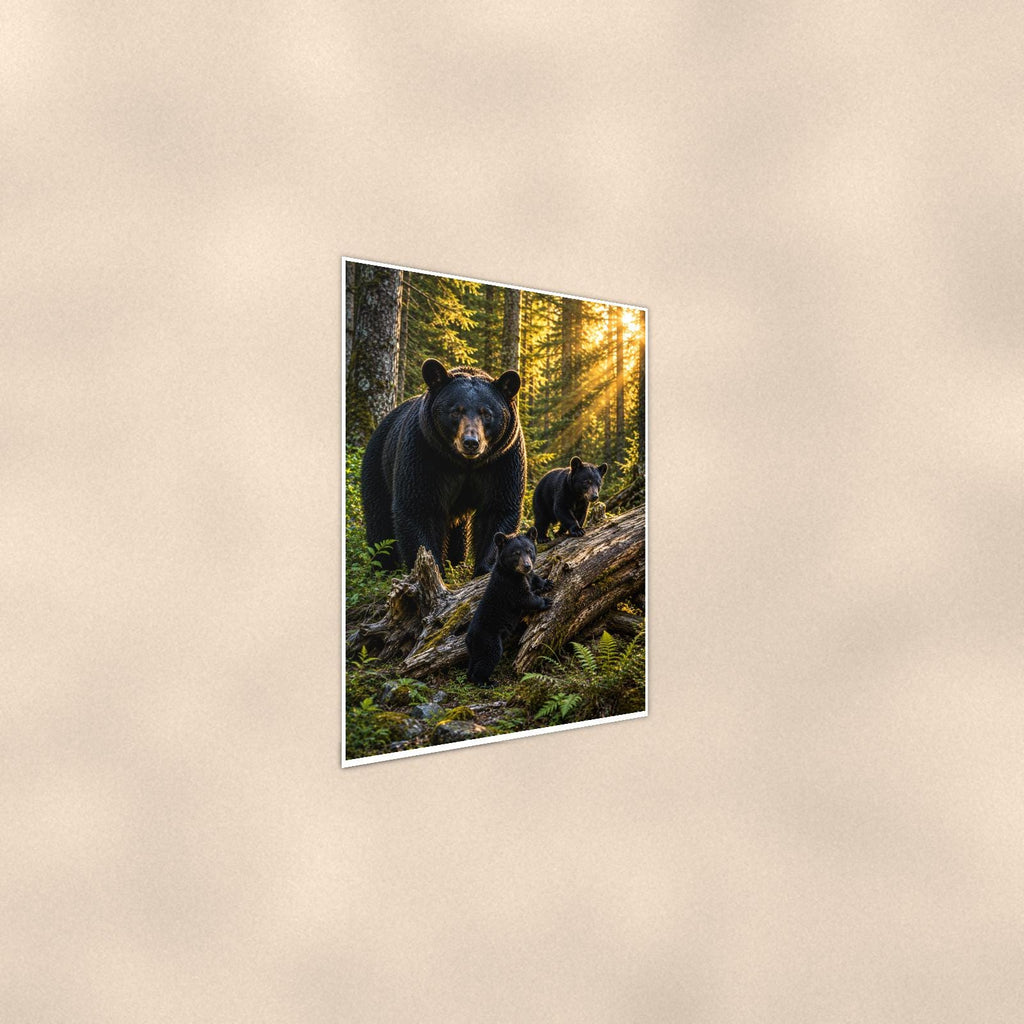 Forest Sunbeams Bear — 24x36 in art print poster, premium luster paper with a white border; steeper three-quarter angle on a warm wall, catching the luster sheen.