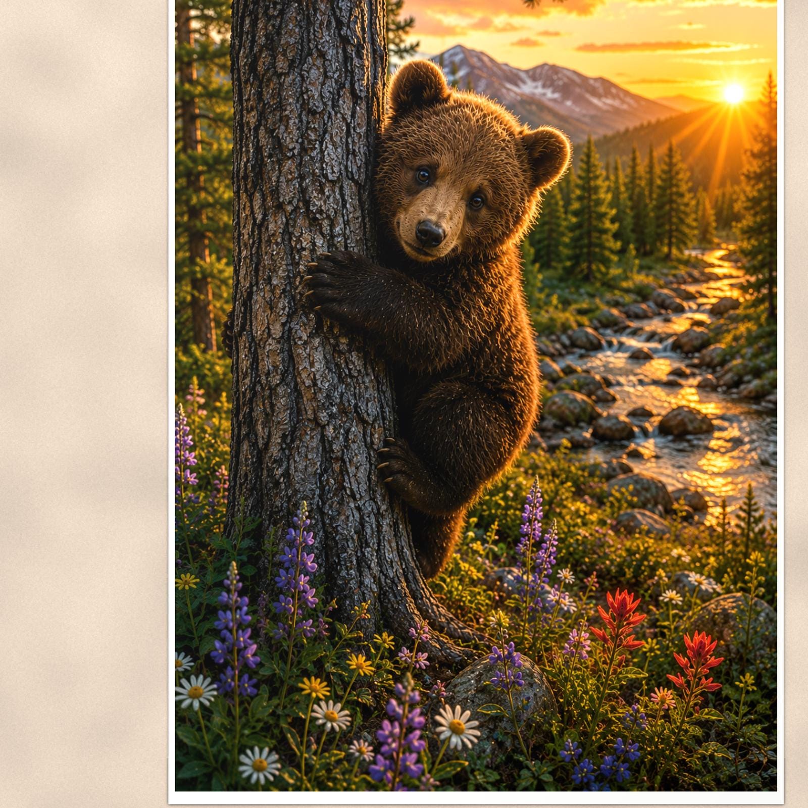 Cub at Sunset Bear — 24x36 in art print poster, premium luster paper with a white border; close-up framed on the main subject of the artwork, paper surface visible.