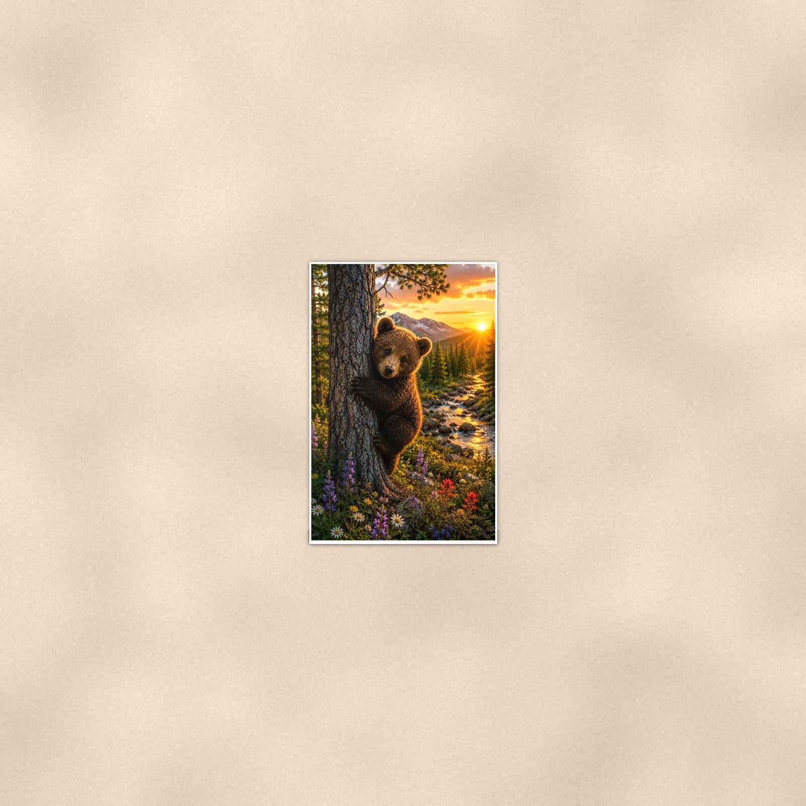 Cub at Sunset Bear — 24x36 in art print poster, premium luster paper with a white border; poster seen from further back, at true 24x36 in scale on a warm wall.