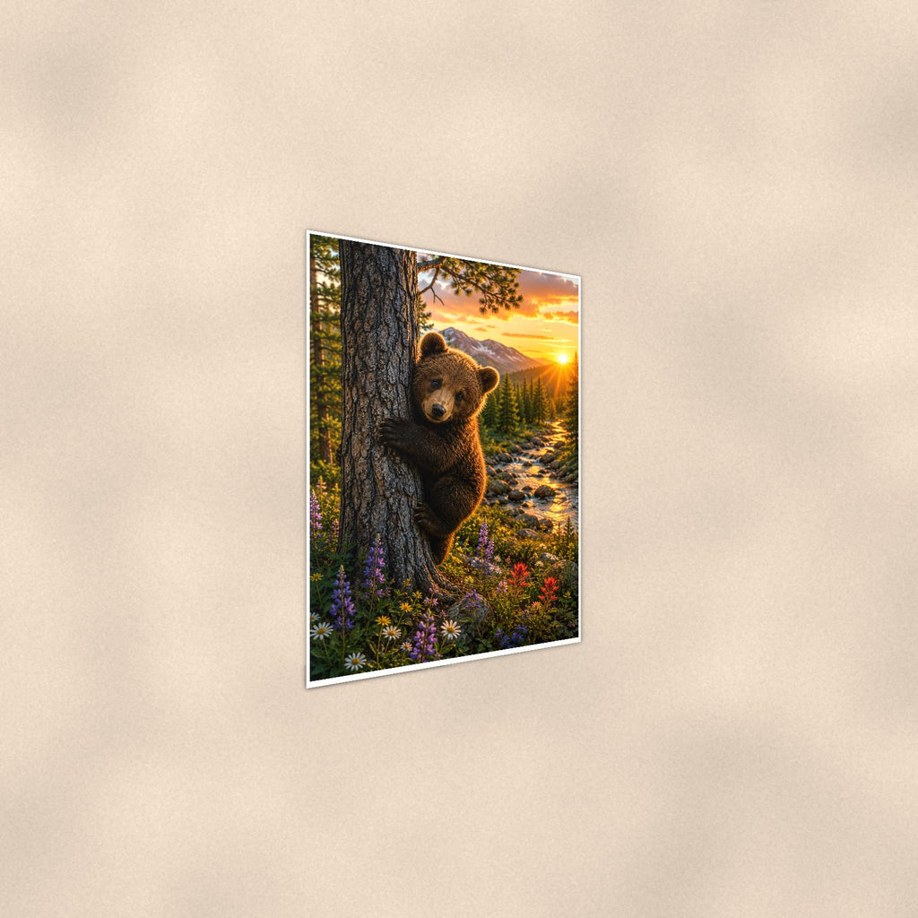 Cub at Sunset Bear — 24x36 in art print poster, premium luster paper with a white border; steeper three-quarter angle on a warm wall, catching the luster sheen.