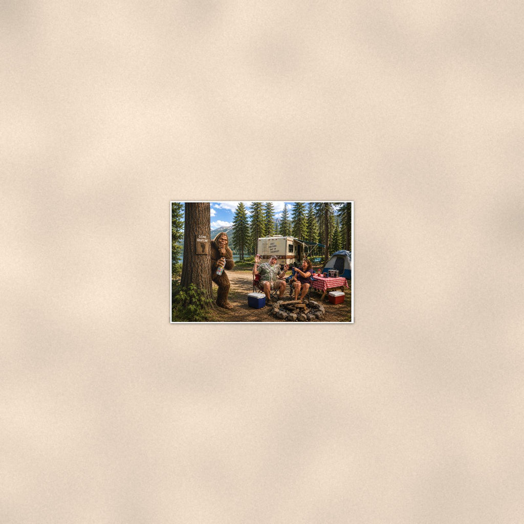 Campsite Photobomb Bigfoot — 36x24 in art print poster, premium luster paper with a white border; poster seen from further back, at true 24x36 in scale on a warm wall.
