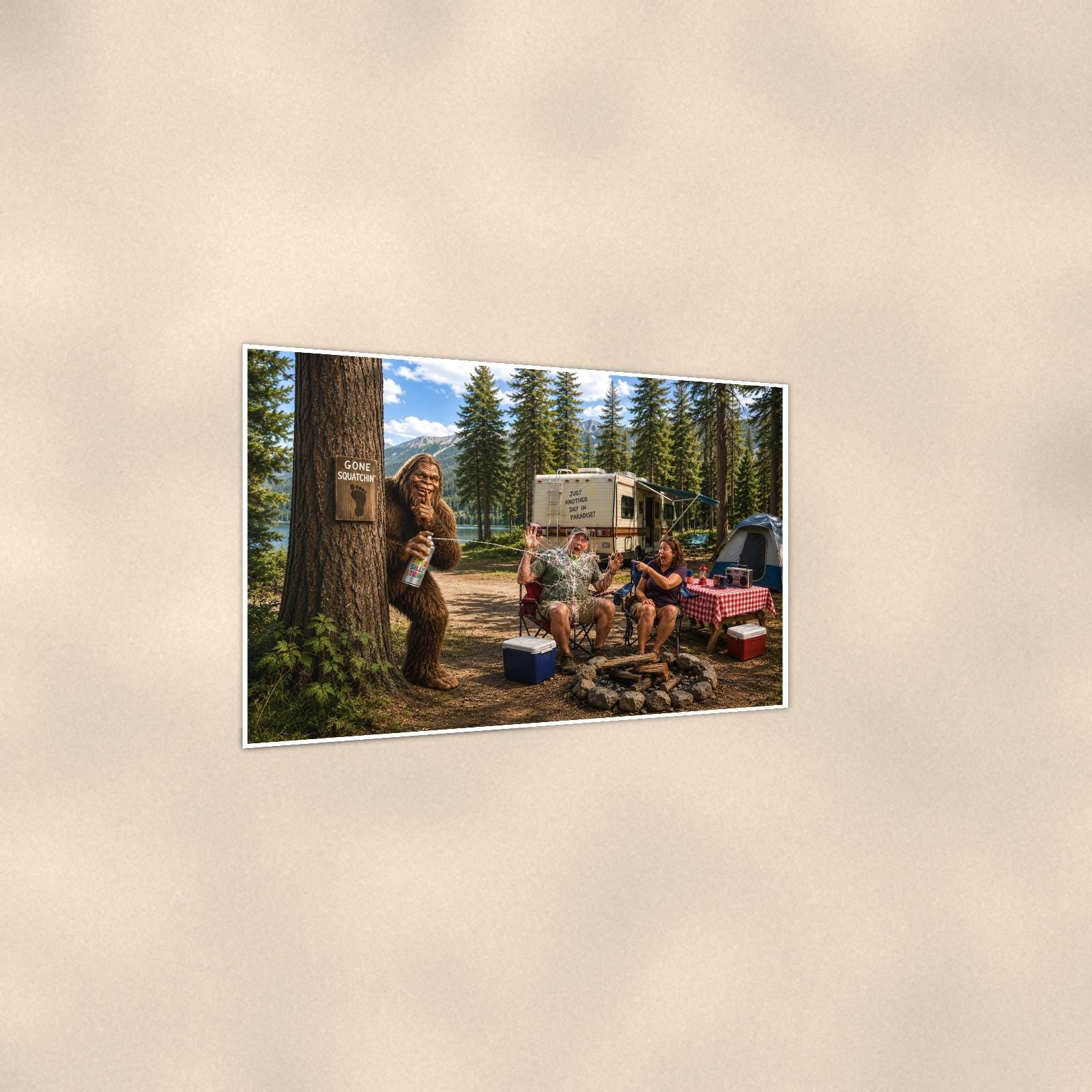 Campsite Photobomb Bigfoot — 36x24 in art print poster, premium luster paper with a white border; gentle three-quarter angle on a warm wall, showing the flat paper edge.