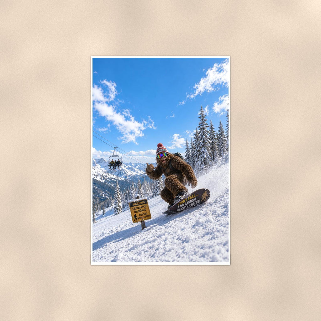 Snowboard Bigfoot — 24x36 in art print poster, premium luster paper with a white border; poster shown straight on against a warm wall.