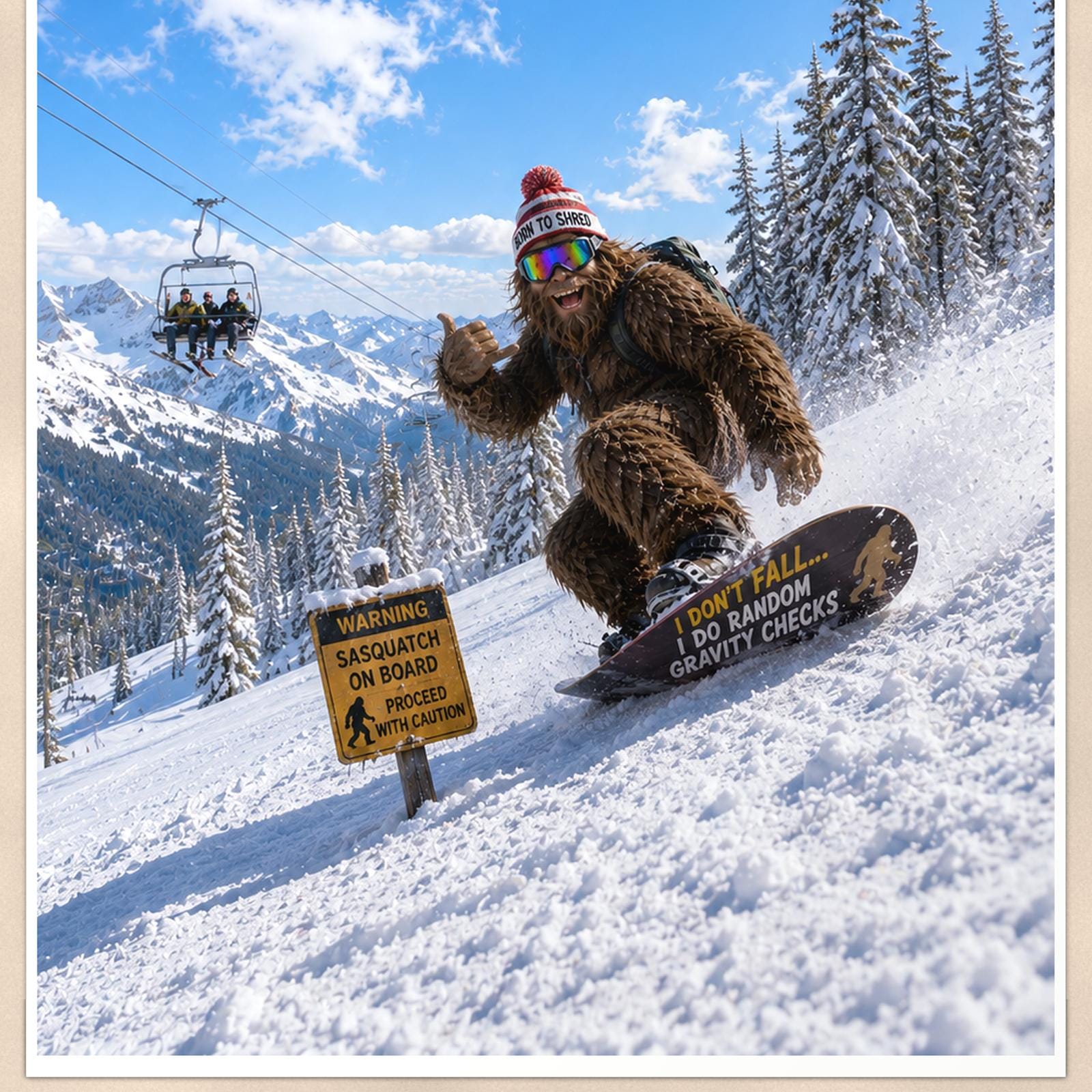 Snowboard Bigfoot — 24x36 in art print poster, premium luster paper with a white border; close-up framed on the main subject of the artwork, paper surface visible.