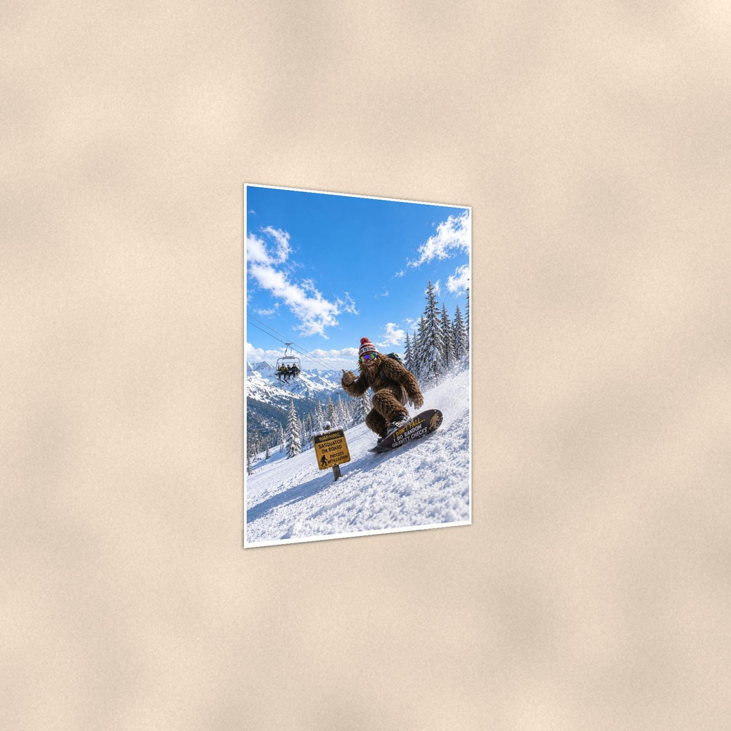Snowboard Bigfoot — 24x36 in art print poster, premium luster paper with a white border; gentle three-quarter angle on a warm wall, showing the flat paper edge.